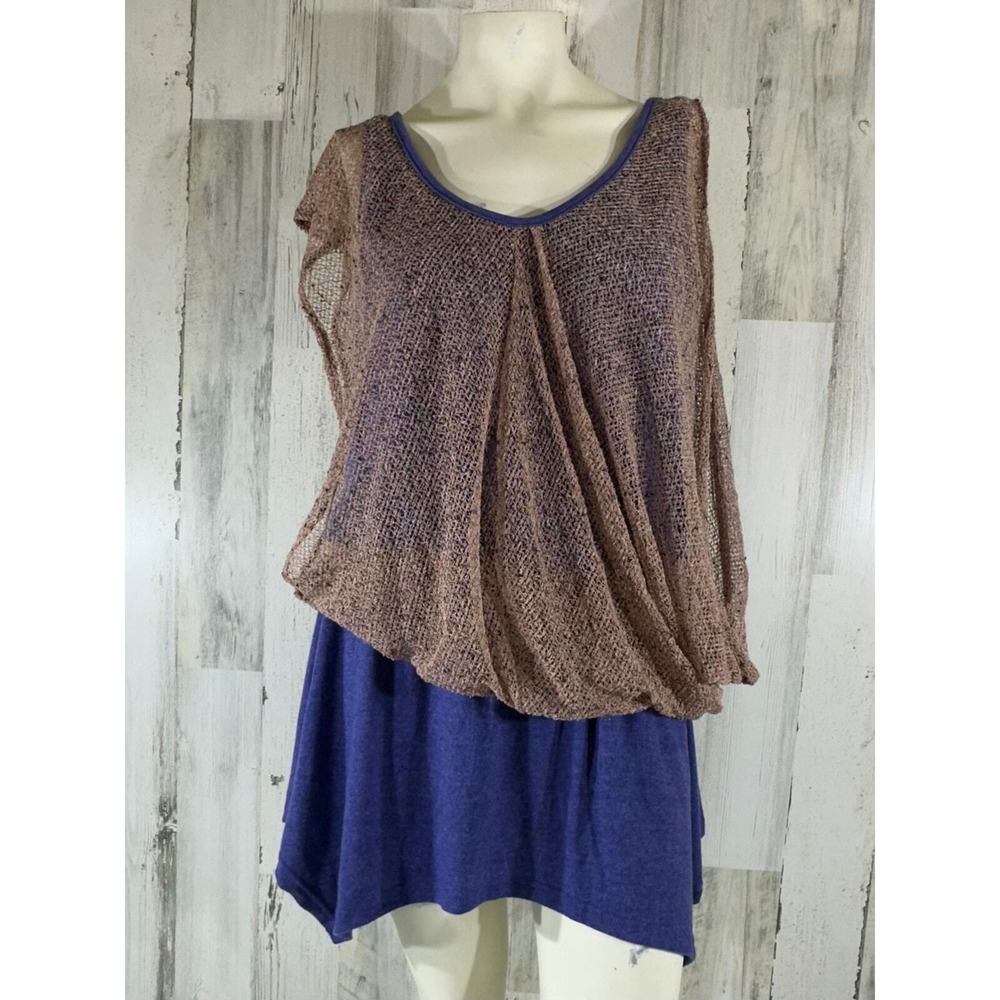 a'reve Tunic Mini Dress Large Purple Taupe Layered Mesh Drape Front Asymmetrical